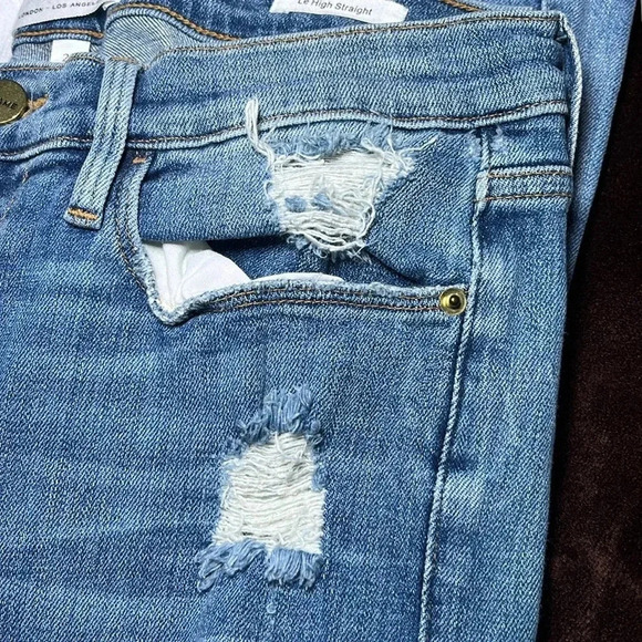 Frame Denim Le High Straight Distressed Jeans Straight Leg Medium Light Wash - Picture 12 of 15